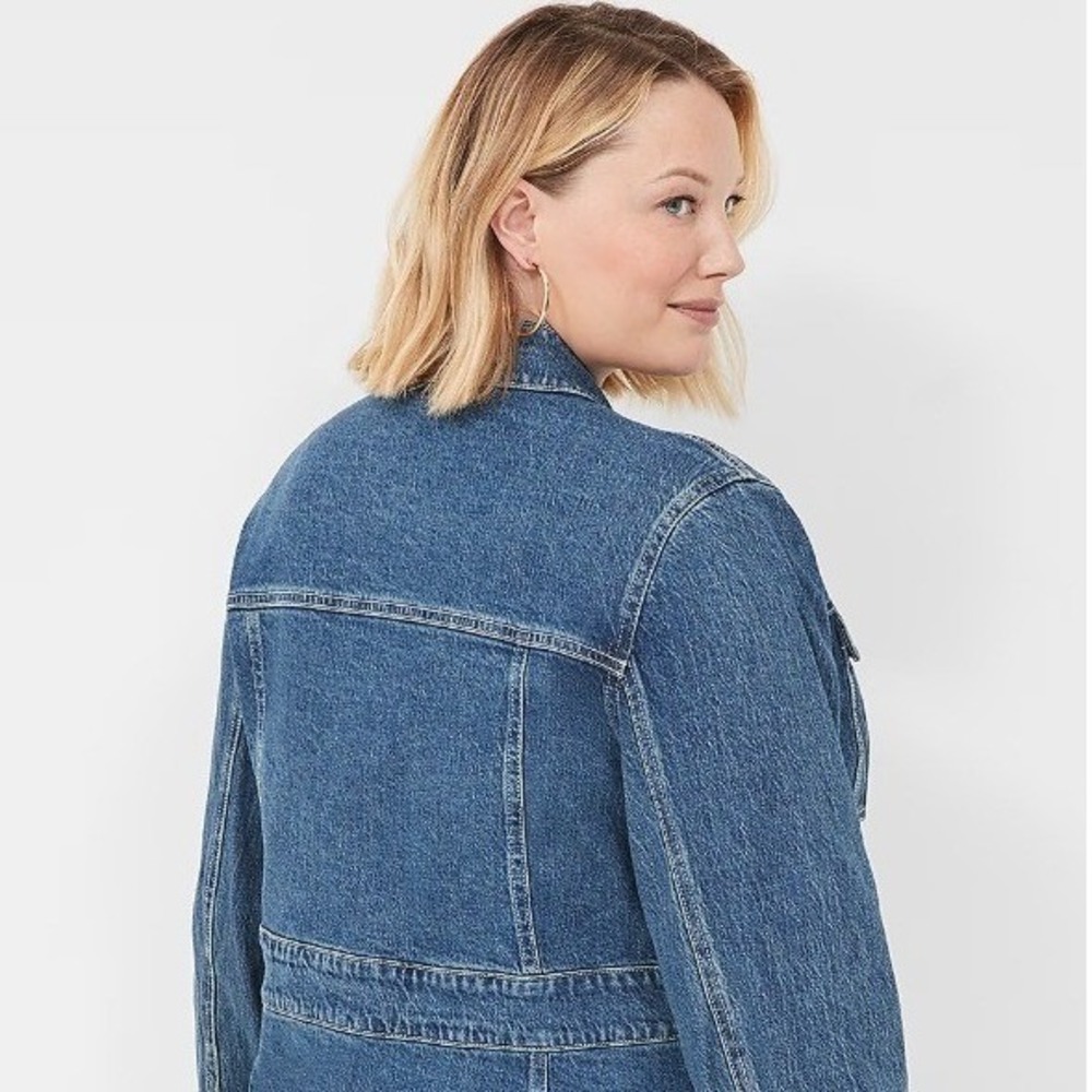 Lane Bryant Womens Blue Denim Banded Waist Utility Jacket Collarless 4-Pocket - Picture 3 of 8